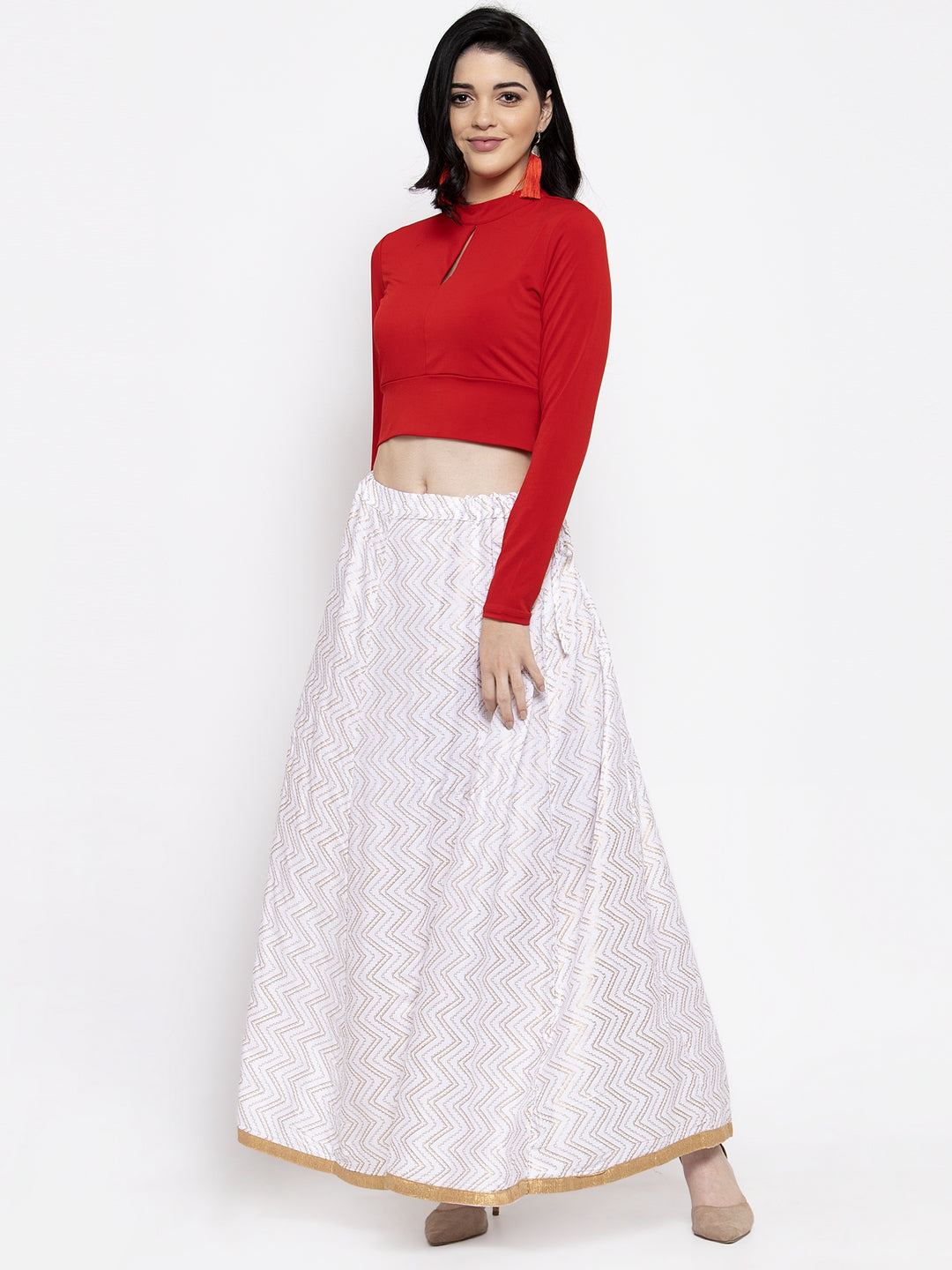 Clora White Zigzag Printed Flared Maxi Skirt