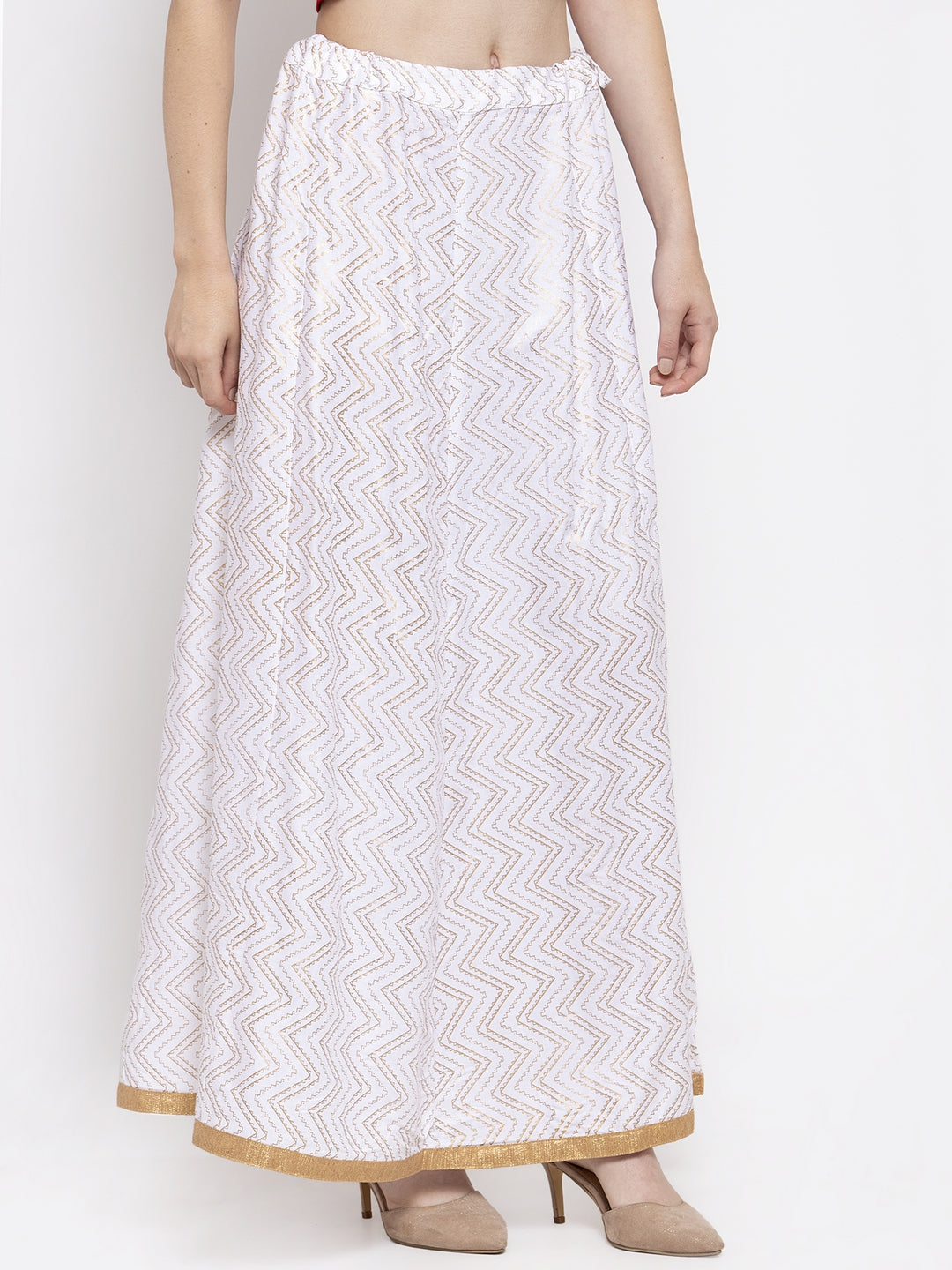Clora White Zigzag Printed Flared Maxi Skirt
