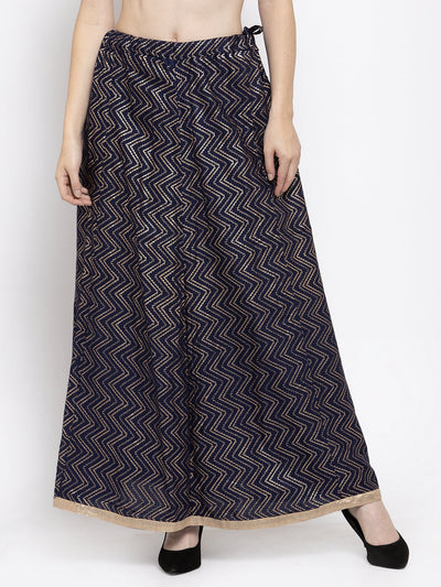 Clora Navy Blue Zigzag Printed Flared Maxi Skirt