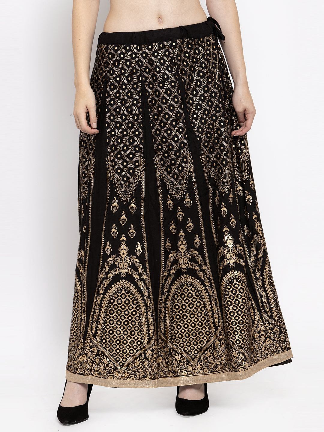 Black printed flared rayon skirt for women with stylish pattern.
