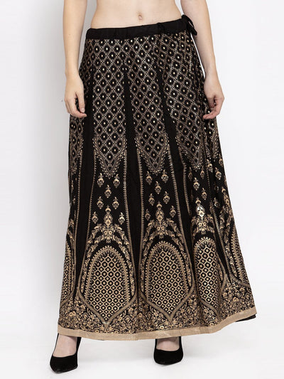 Black printed flared rayon skirt for women with stylish pattern.