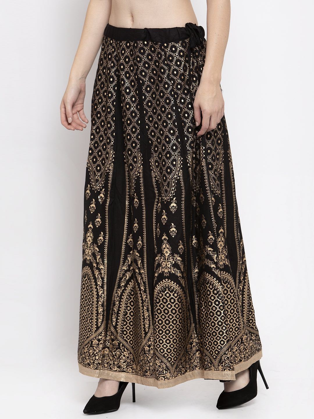 Black printed flared rayon skirt for women.