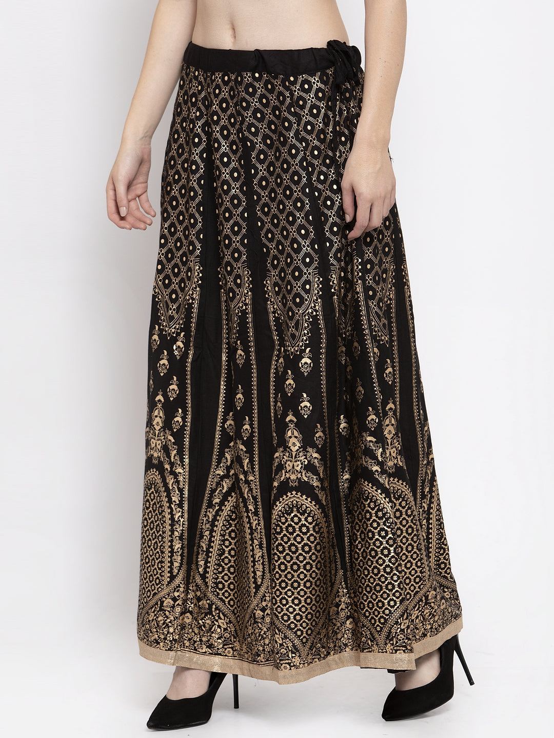 Clora Black Printed Flared Rayon Maxi Skirt