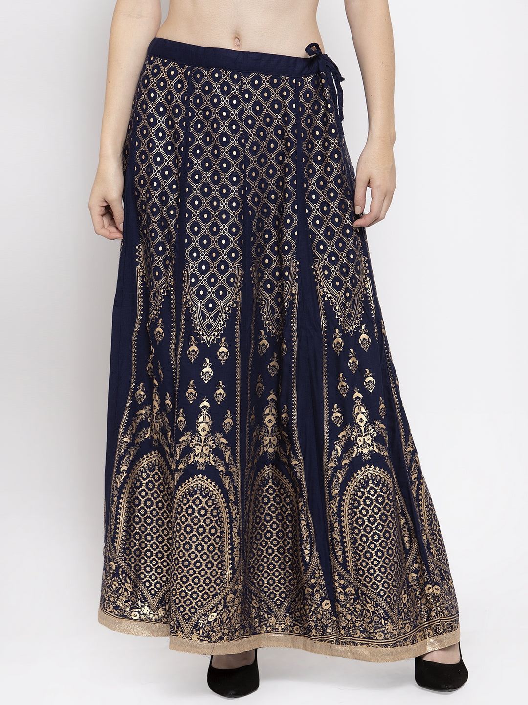 Navy blue flared rayon maxi skirt with intricate print design.
