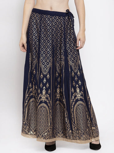Navy blue flared rayon maxi skirt with intricate print design.