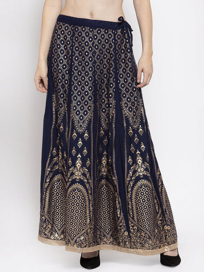 Clora Navy Blue Printed Flared Rayon Maxi Skirt