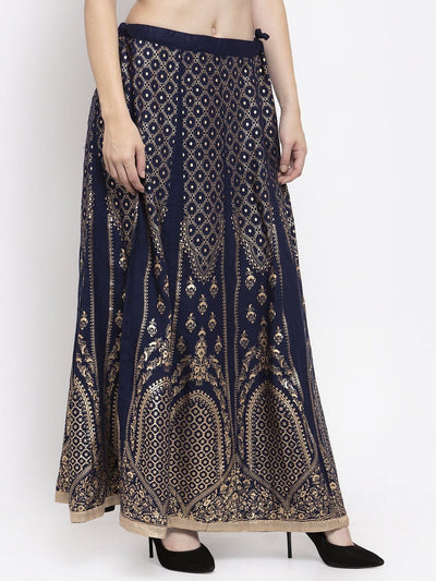 Navy blue flared rayon maxi skirt with printed design for women.