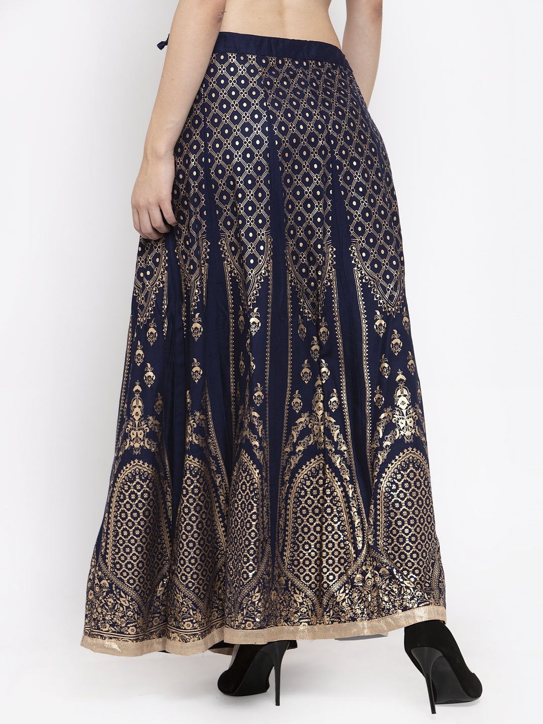 Navy Blue Flared Rayon Maxi Skirt with gold print design.