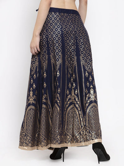 Navy Blue Flared Rayon Maxi Skirt with gold print design.