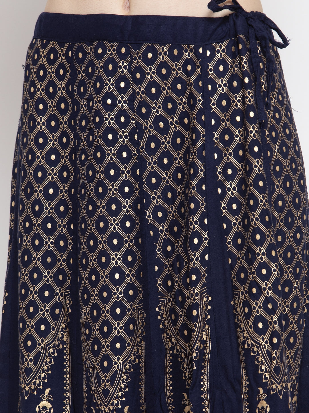 Clora Navy Blue Printed Flared Rayon Maxi Skirt