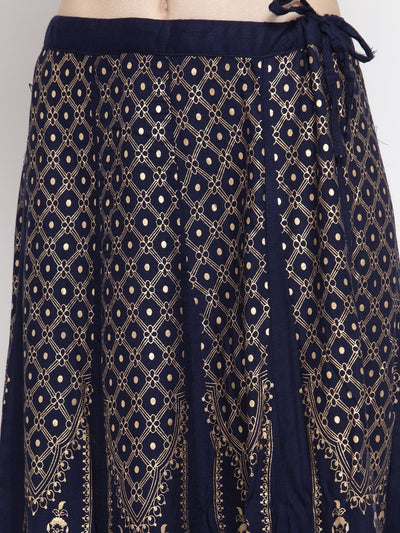 Navy blue flared rayon maxi skirt with printed design.