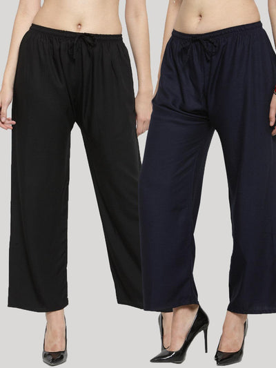 Solid black and navy blue rayon palazzo pants pack of two.