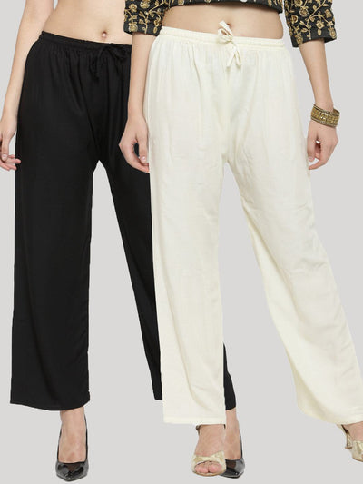 Solid black and off-white rayon palazzo pants pack for women.
