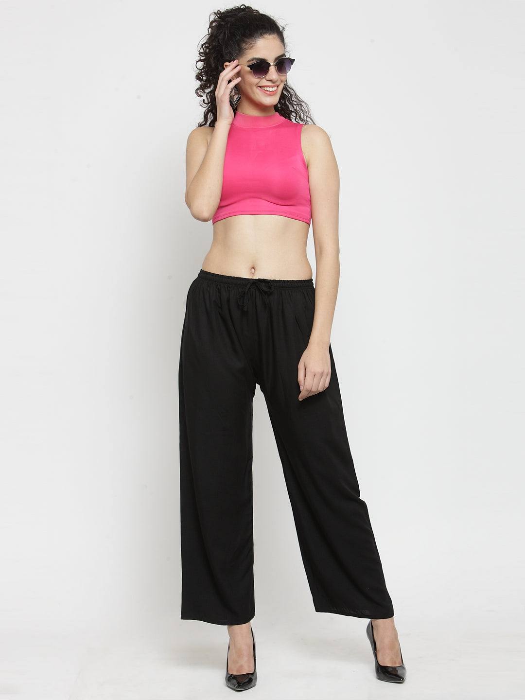 Solid black rayon palazzo pants, fashion-forward style, pack of two.