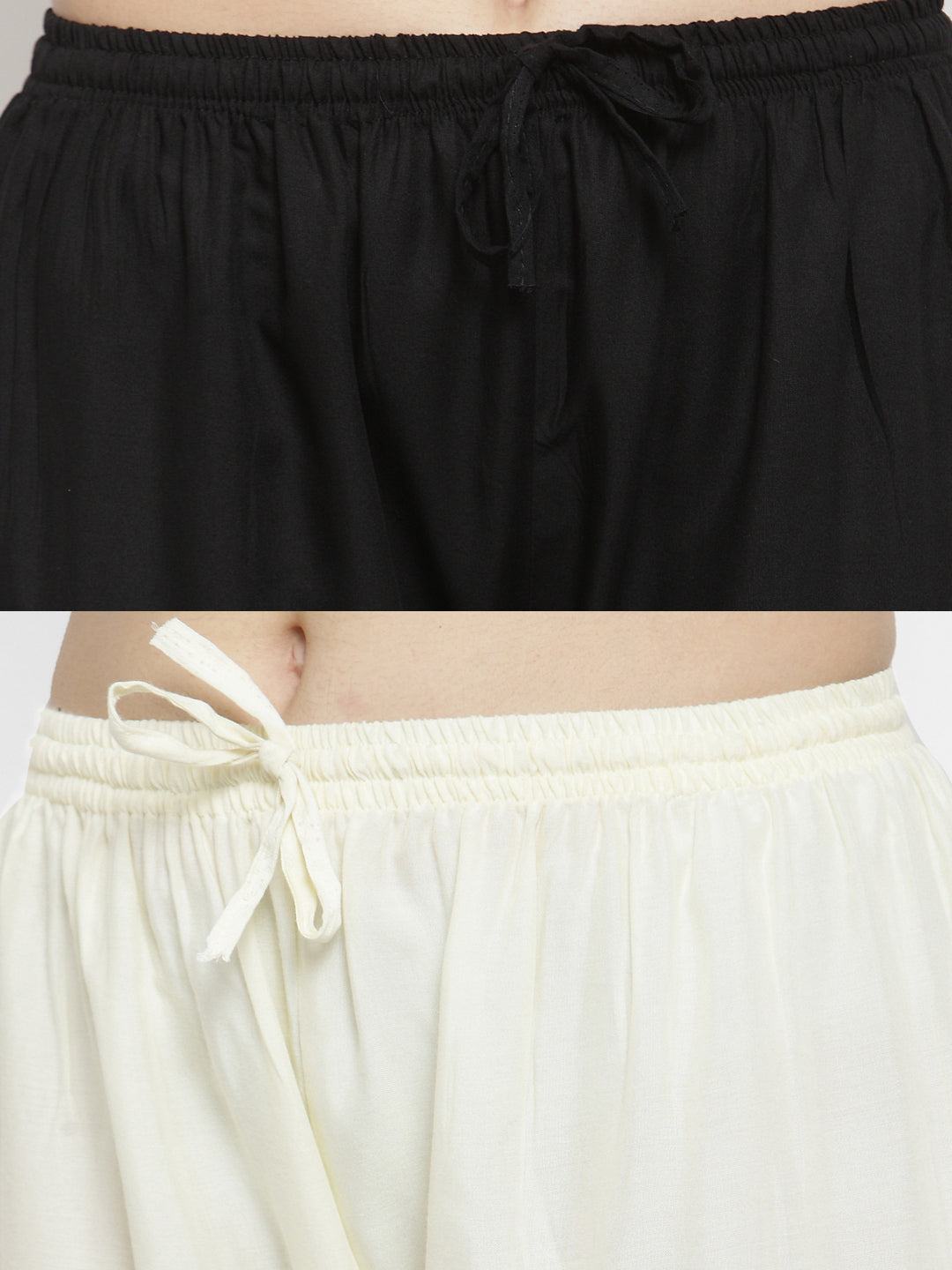 Solid black and off-white rayon palazzo pants pack of 2 from Clora Creation.