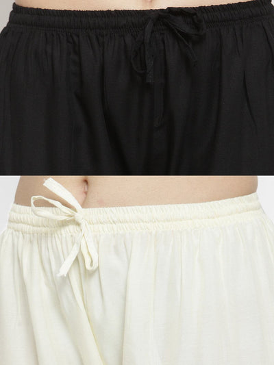 Solid black and off-white rayon palazzo pants pack of 2 from Clora Creation.