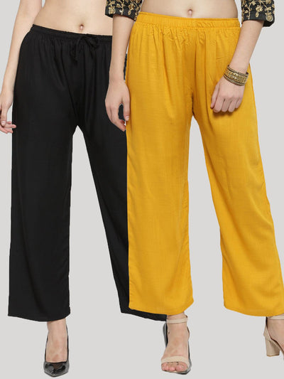 Solid black and mustard rayon palazzo pants combo for women.