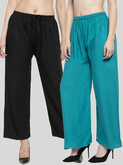Clora Solid Black & Turquoise Rayon Palazzo Pack with Elasticated Waistband and Drawstring