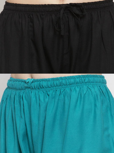 Clora solid black and turquoise rayon palazzo pack with elasticated waistband and drawstring.