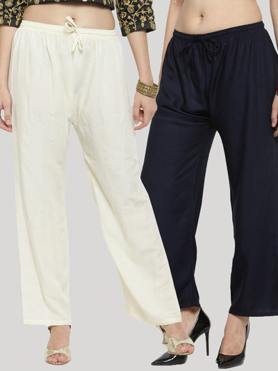Clora Solid Off-White & Navy Blue Rayon Palazzo (Pack Of 2)