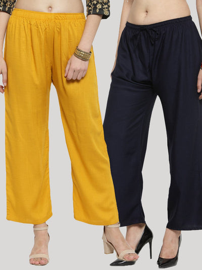 Solid mustard and navy blue rayon palazzo pants pack of two.