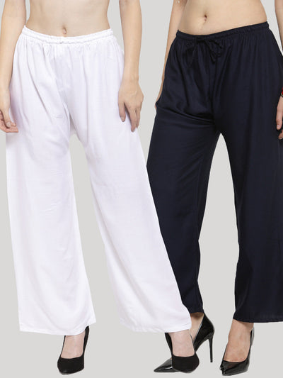 Clora Solid White & Navy Blue Rayon Palazzo (Pack Of 2)