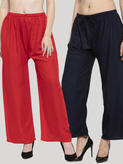 Solid black & red rayon palazzo pack for women by Clora Creation.