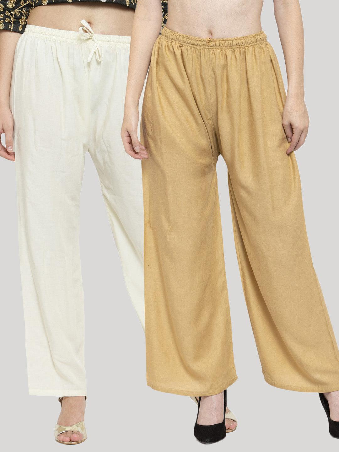 Solid off-white and fawn rayon palazzo pack of 2 for women.