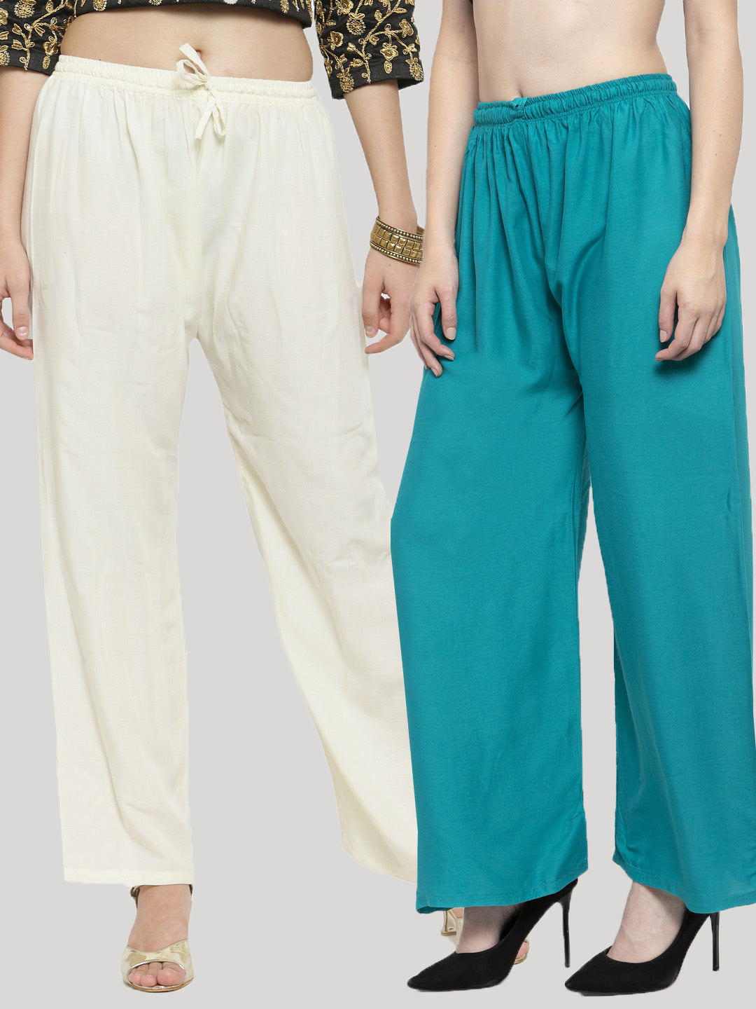 Clora Solid Off-White & Turquoise Rayon Palazzo (Pack Of 2)