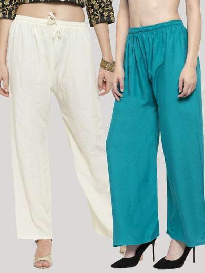 Off-white and turquoise rayon palazzo pack of 2 for women.