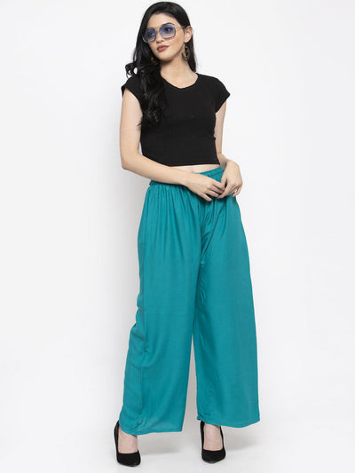Off-white and turquoise rayon palazzo pants pack for women.