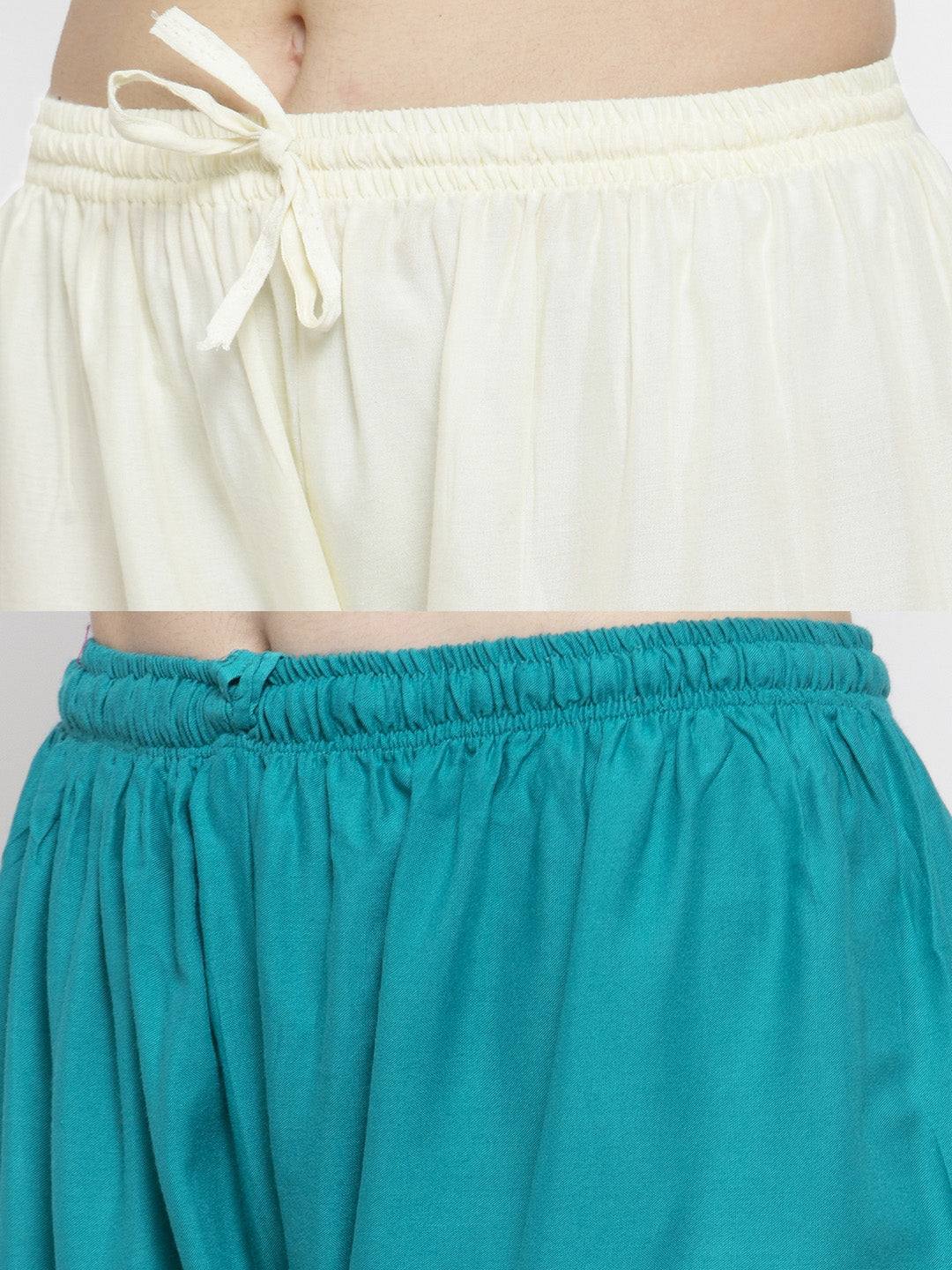 Solid off-white and turquoise rayon palazzo pack of 2 by Clora Creation.