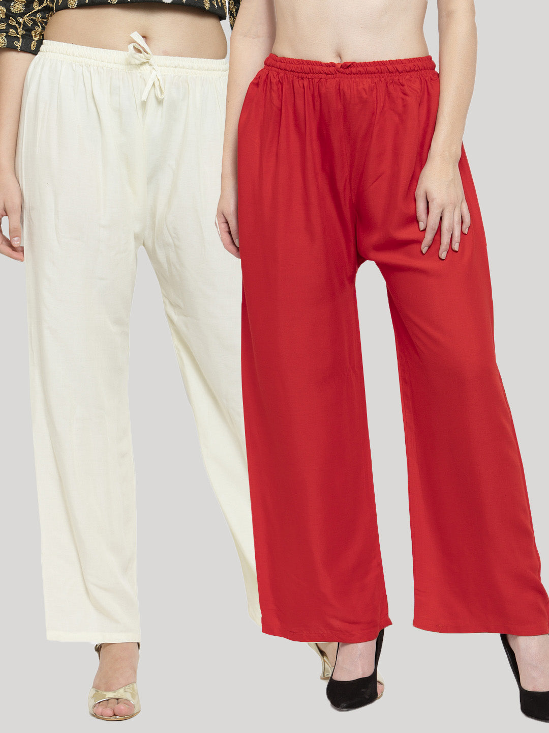 Clora Solid Off-White & Red Rayon Palazzo (Pack Of 2)