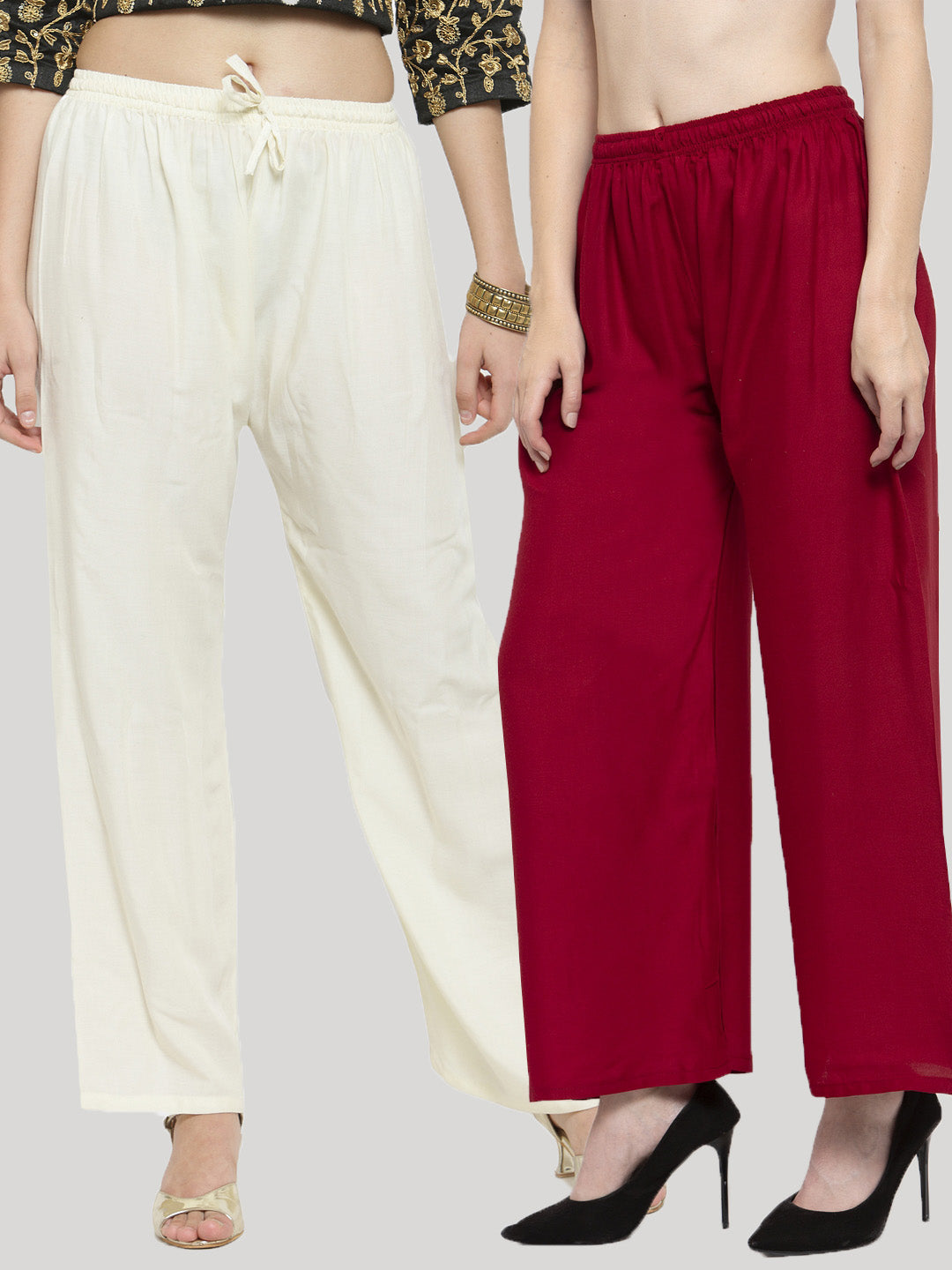 Clora Solid Off-White & Maroon Rayon Palazzo (Pack Of 2)