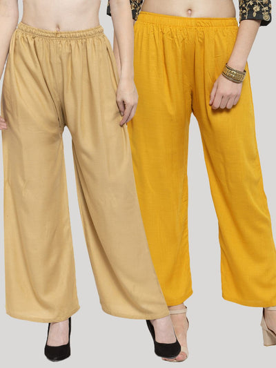 Solid fawn and mustard rayon palazzo pack of 2 for women.