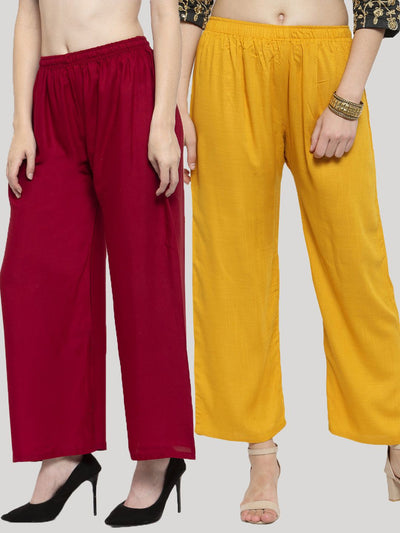 Solid mustard and maroon rayon palazzo pants pack for women.