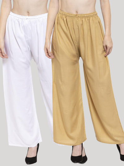 Solid white and fawn rayon palazzo pack of two, fashionable women's wear.