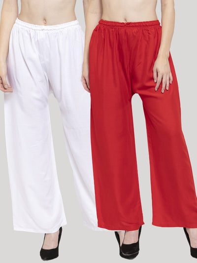 Clora Solid White & Red Rayon Palazzo (Pack Of 2)