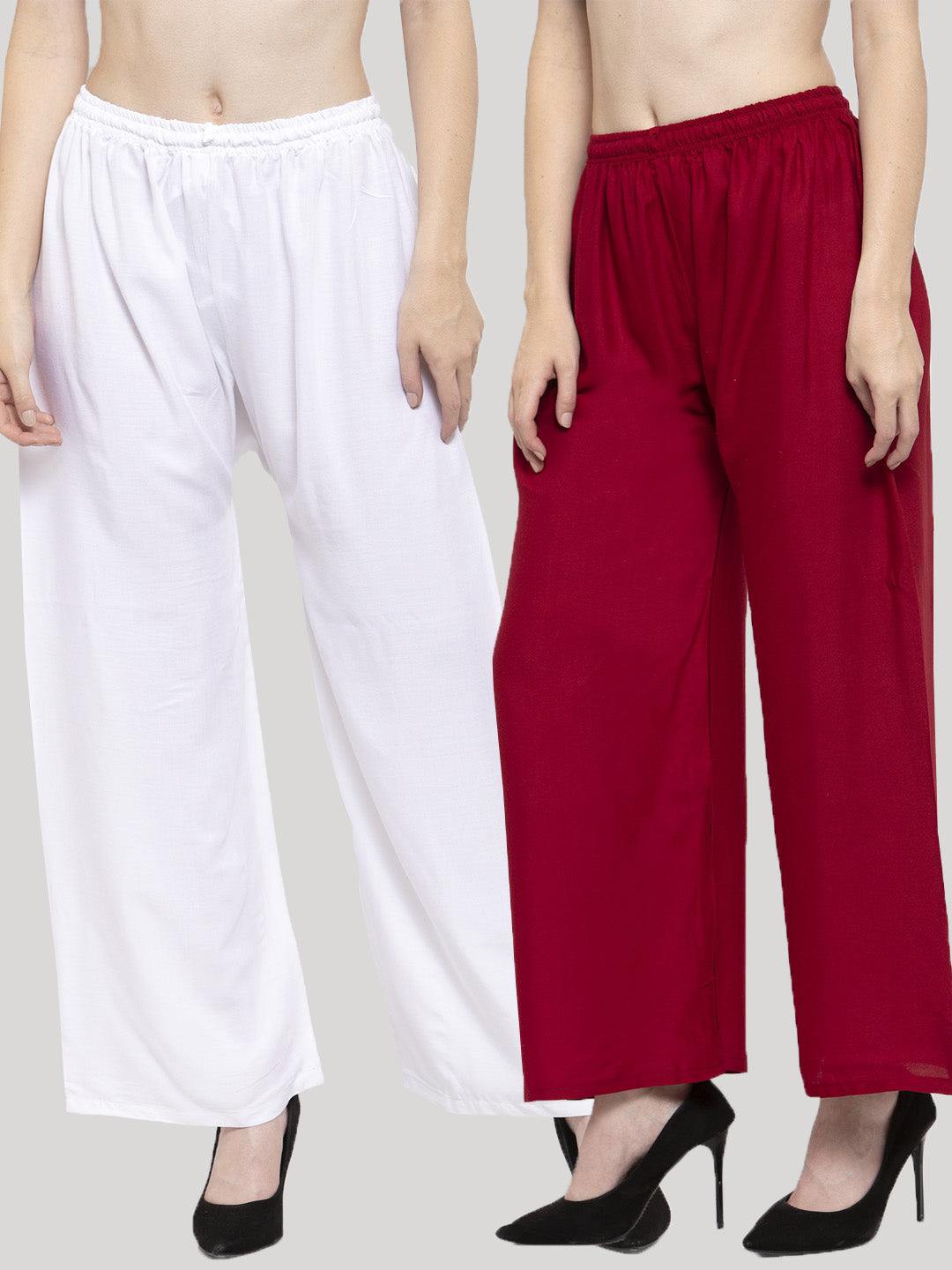 Solid white and maroon rayon palazzo pack for women by Clora Creation.