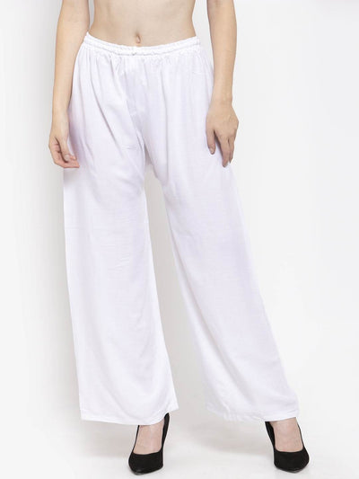 Solid white rayon palazzo from Clora Creation, part of a pack of two with maroon.