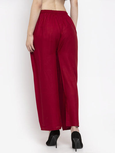 Solid white and maroon rayon palazzo pants pack of two by Clora Creation.