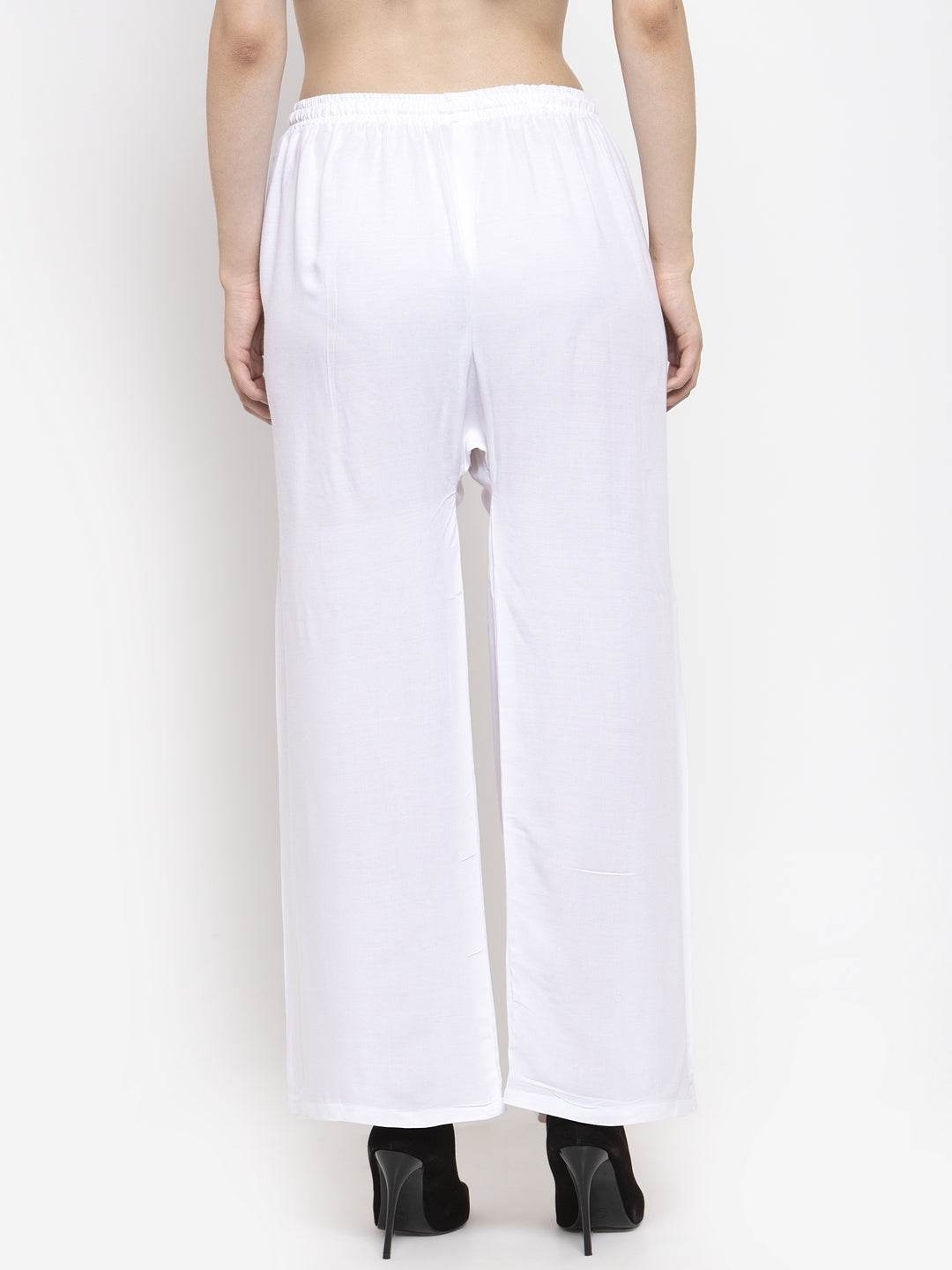 Solid white rayon palazzo pants from Clora Creation, back view.
