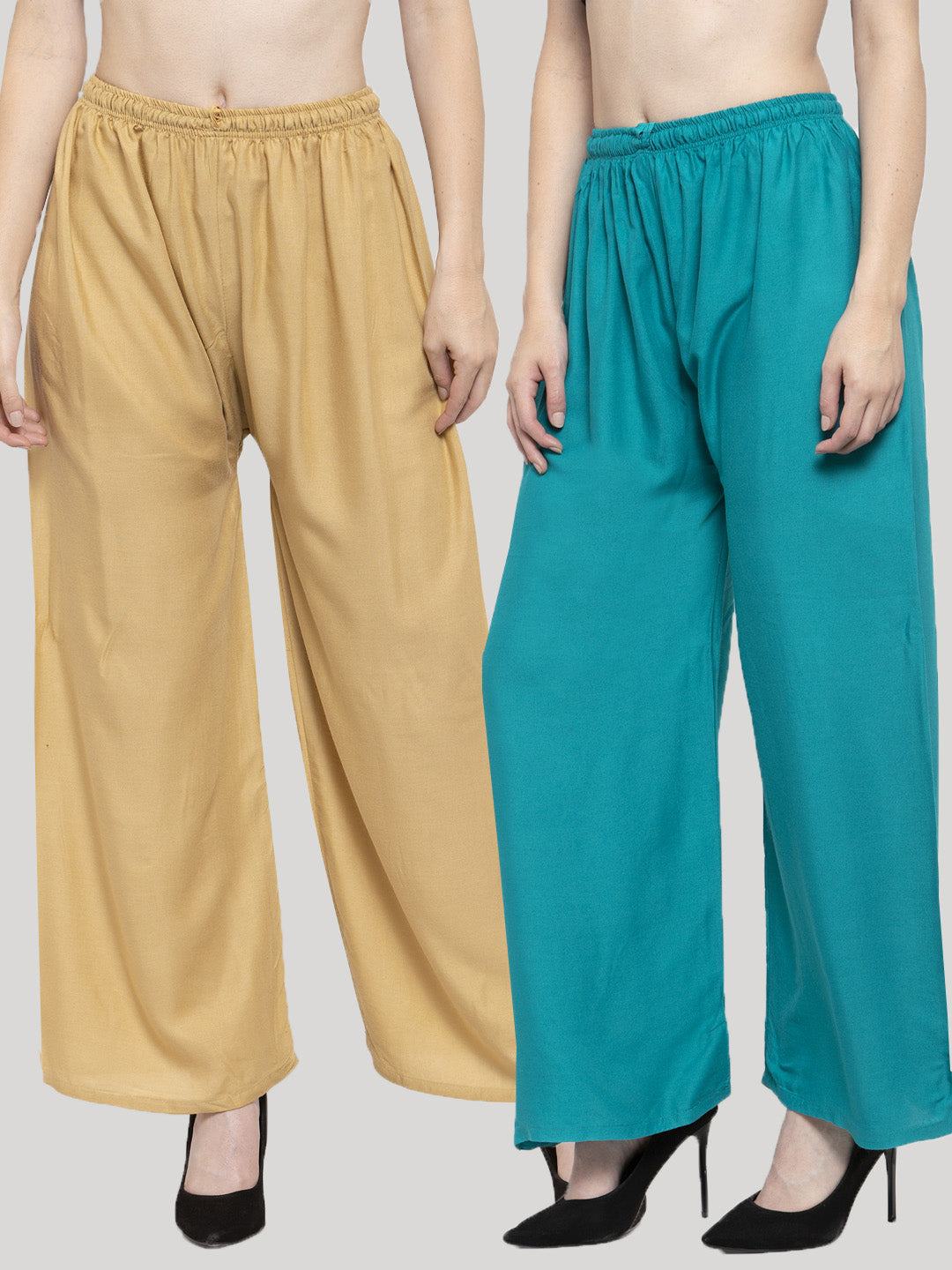 Solid fawn and turquoise rayon palazzo pants pack of 2 by Clora Creation.