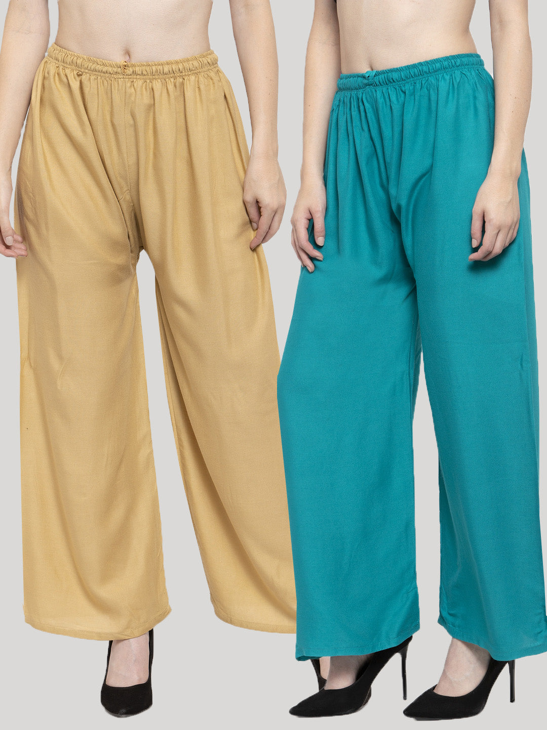 Solid Fawn & Turquoise Rayon Palazzo (Pack Of 2)