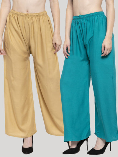 Solid fawn and turquoise rayon palazzo pants pack of 2 by Clora Creation.