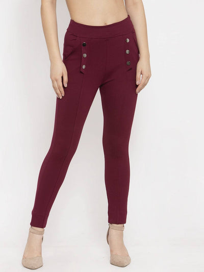 Maroon regular fit jeggings made from NR Roma fabric, featuring button details and a comfortable design.