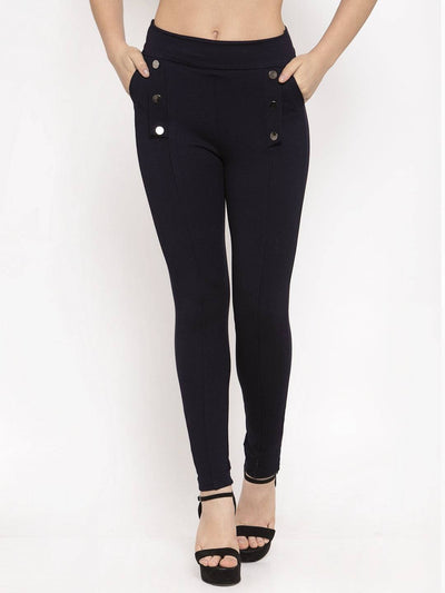 Navy blue regular fit jeggings made from NR Roma fabric with button details.
