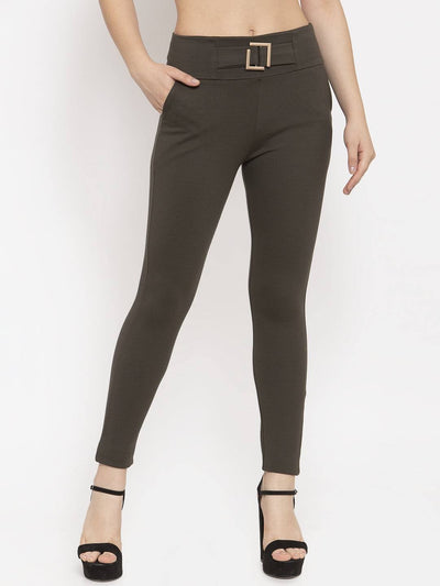 Olive solid jeggings by Clora Creation for comfort and style.