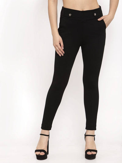 Black slim fit jeggings made from NR Roma fabric providing comfort and style.