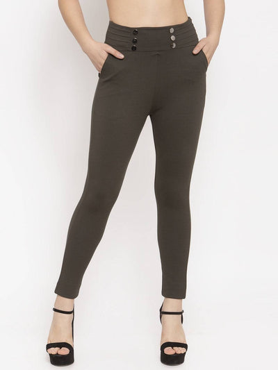 Olive Smart Fit Jeggings for women with high waist and button details.